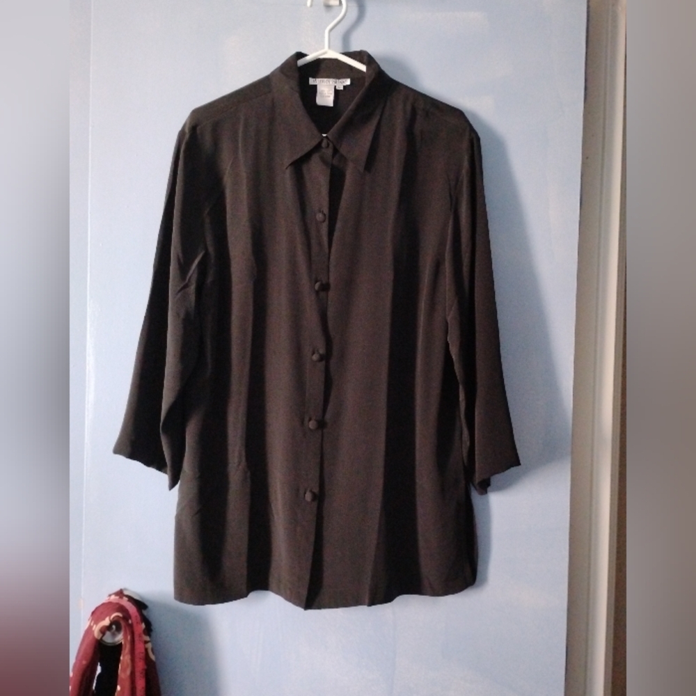 Vintage Winter Silks Black Silk Padded Large Collar Shoulder Shirt L
